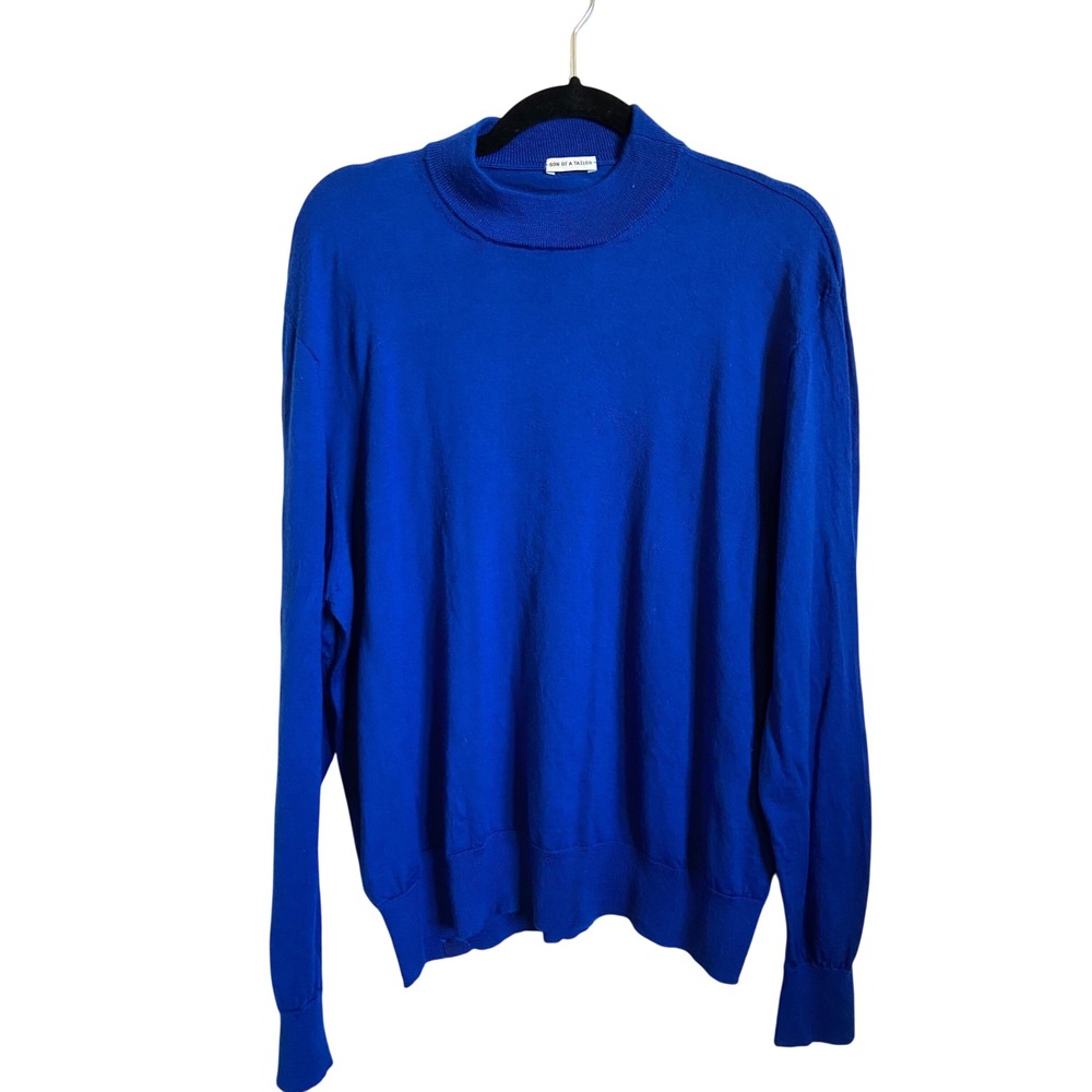 Son of a Tailor Mens Royal Blue 100% Merino Wool Mock Neck Sweater Fine Knit